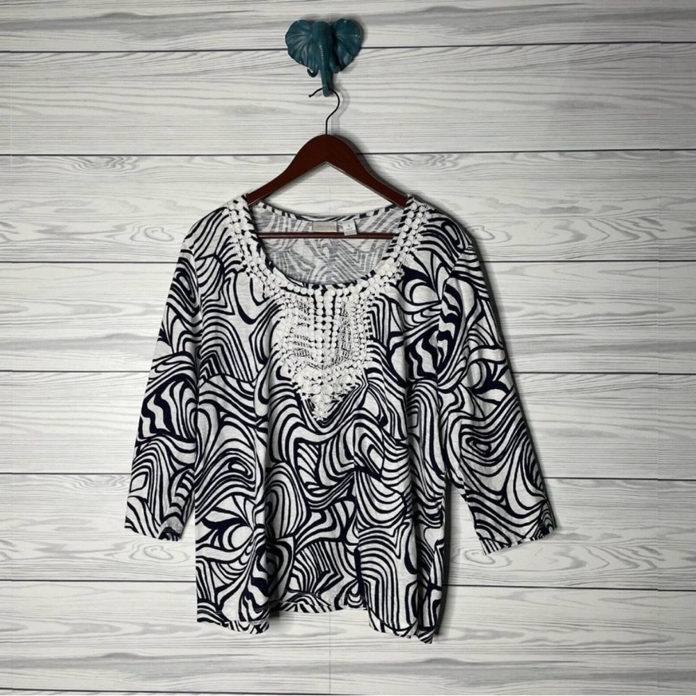 Chico's Black and White Graphic Bib Collar Blouse